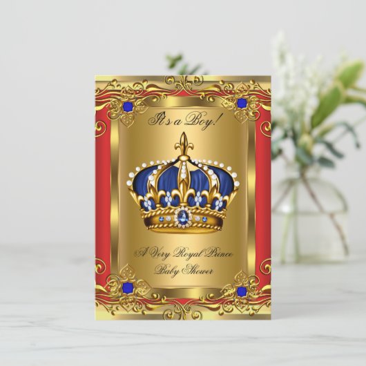 Prince Royal Blue Boy Baby shower Regal Red Gold 2 Kaart (Staand voorkant)