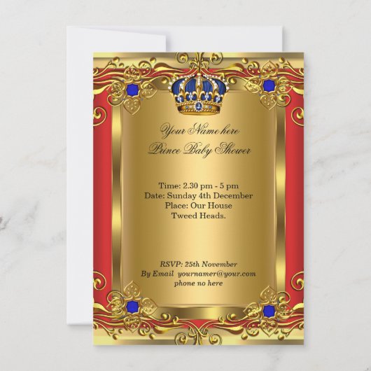 Prince Royal Blue Boy Baby shower Regal Red Gold 2 Kaart (Achterkant)