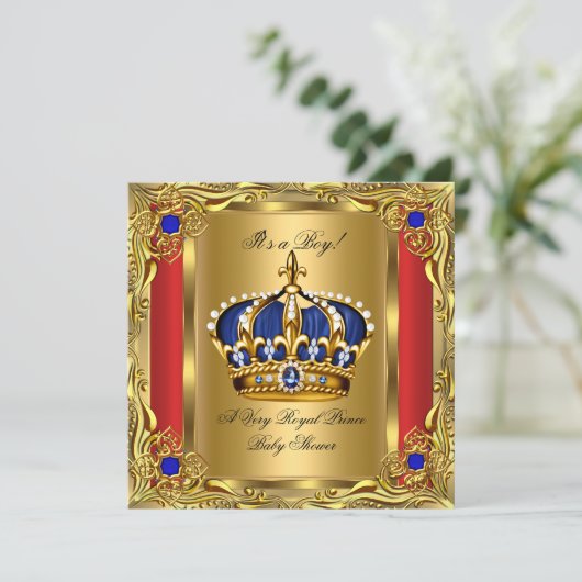 Prince Royal Blue Boy Baby shower Regal Red Gold Kaart (Staand voorkant)