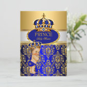 Prince Royal Blue Crown Baby shower Brunette Boy Kaart (Staand voorkant)