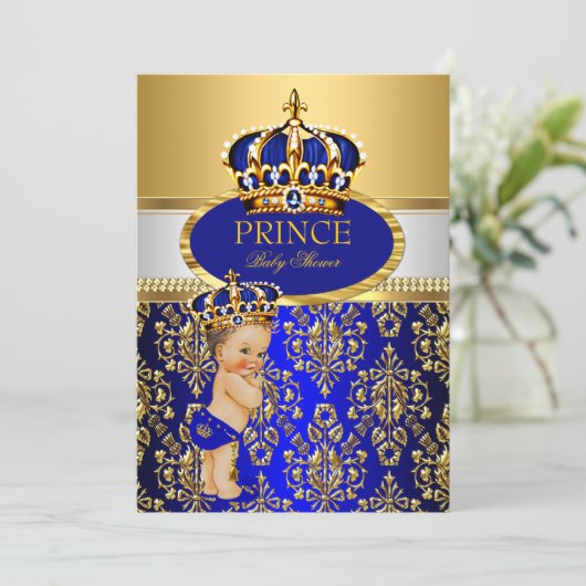 Prince Royal Blue Crown Baby shower Brunette Boy Kaart (Staand voorkant)