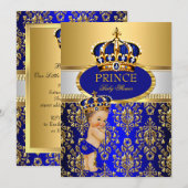 Prince Royal Blue Crown Baby shower Brunette Boy Kaart (Voorkant / Achterkant)
