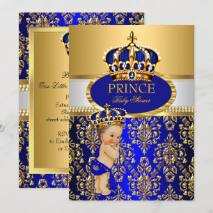 Prince Royal Blue Crown Baby shower Brunette Boy Kaart