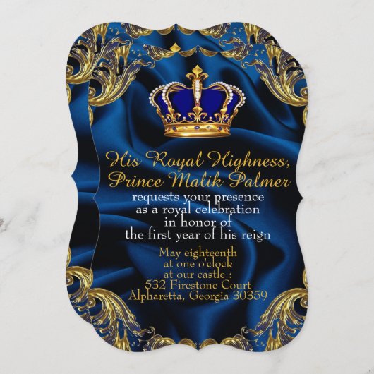 Prince Royal blue en Gold crown en zijde Invitati Kaart (Voorkant / Achterkant)