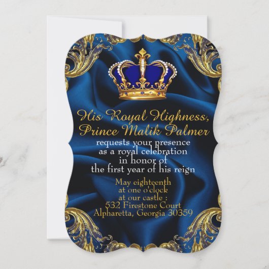 Prince Royal blue en Gold crown en zijde Invitati Kaart (Voorkant)