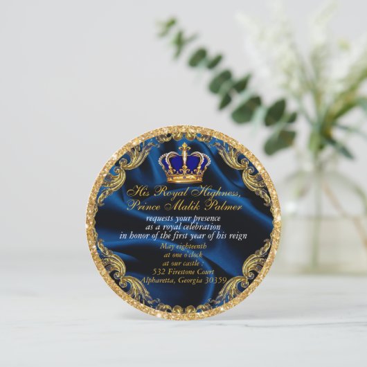 Prince Royal blue en Gold crown en zijde Invitati Kaart (Staand voorkant)