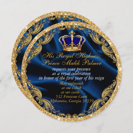 Prince Royal blue en Gold crown en zijde Invitati Kaart (Voorkant / Achterkant)