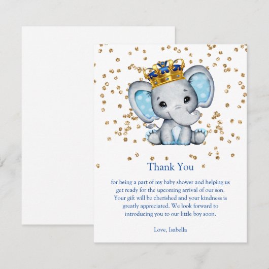 Prince Royal Blue Gold Elephant Boy Baby shower Kaart (Voorkant / Achterkant)