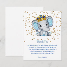 Prince Royal Blue Gold Elephant Boy Baby shower Kaart