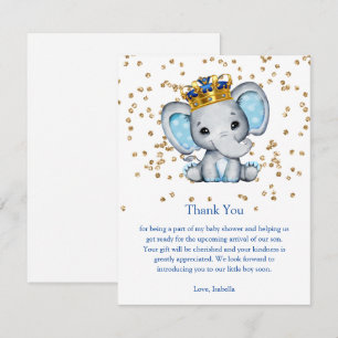 Prince Royal Blue Gold Elephant Boy Baby shower Kaart