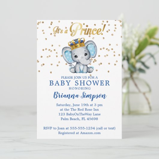 Prince Royal Blue Gold Elephant Boy Baby shower Kaart (Staand voorkant)