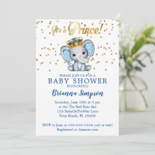 Prince Royal Blue Gold Elephant Boy Baby shower Kaart