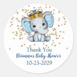 Prince Royal Blue Gold Elephant Boy Baby shower Ronde Sticker