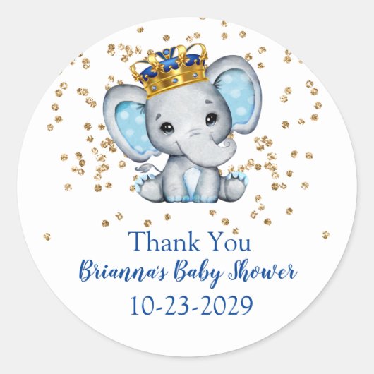 Prince Royal Blue Gold Elephant Boy Baby shower Ronde Sticker (Voorkant)