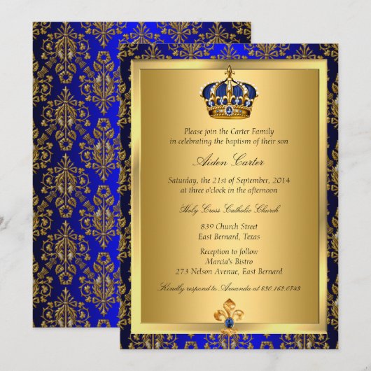 Prince Royal Blue Regal Crown Baptism Invite Kaart (Voorkant / Achterkant)