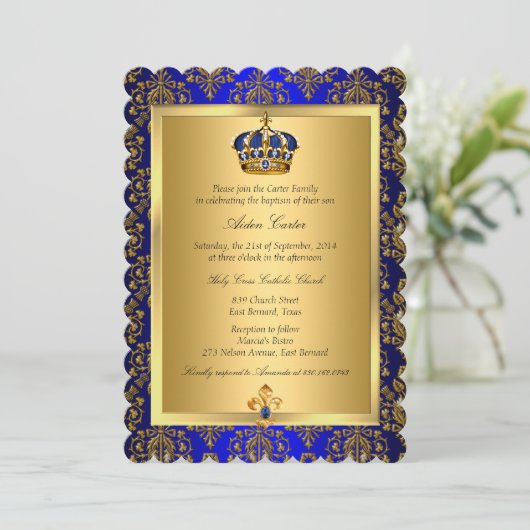 Prince Royal Blue Regal Crown Baptism Invite Kaart (Staand voorkant)