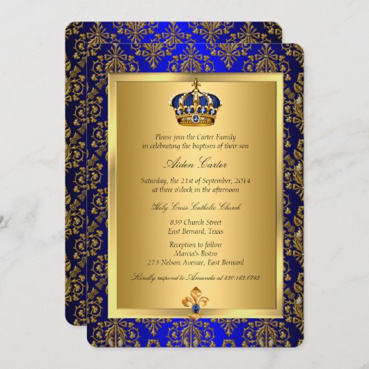 Prince Royal Blue Regal Crown Baptism Invite Kaart (Voorkant / Achterkant)