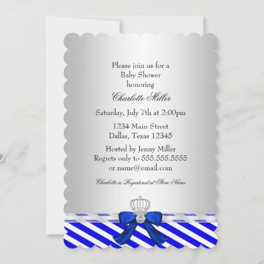 Prince Royal Boy Baby shower Blue White Stripe Kaart (Achterkant)