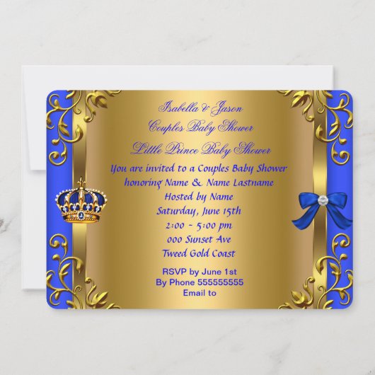 Prince Royal Couples Baby shower Boy Blue Gold Kaart (Achterkant)