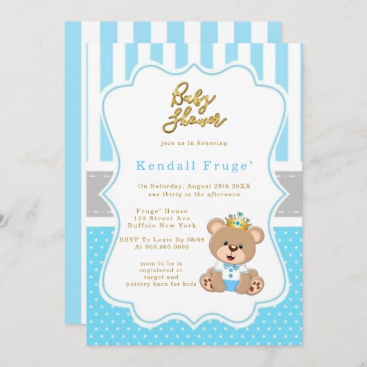Prince Teddy Bear Baby Boy Shower nodigt uit (Voorkant / Achterkant)