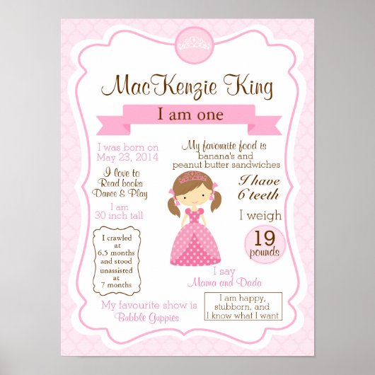 Princess 1 jaar teken voor je verjaardagsmeisje poster (Voorkant)