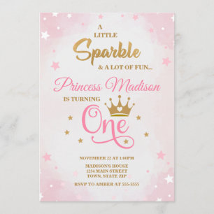 Princess 1st Birthday Invitation, Pink & Gold Kaart