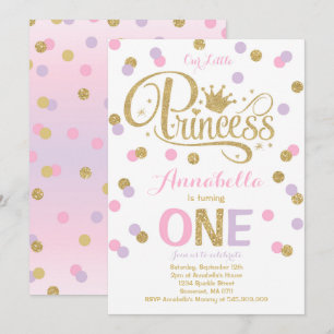 Princess 1st Birthday Invitation roze Paars Gold Kaart