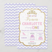 Princess 1st Birthday Invitations Paars and Gold Kaart (Voorkant / Achterkant)