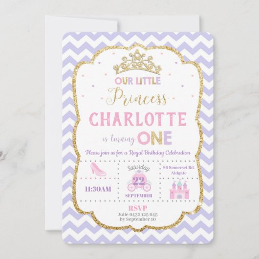 Princess 1st Birthday Invitations Paars and Gold Kaart (Voorkant)