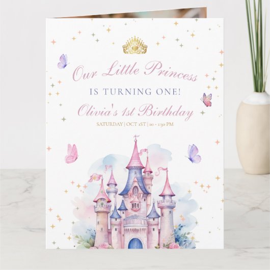 Princess 1st BIrthday Invite, Girl Princess Castle Bedankkaart (Voorkant)