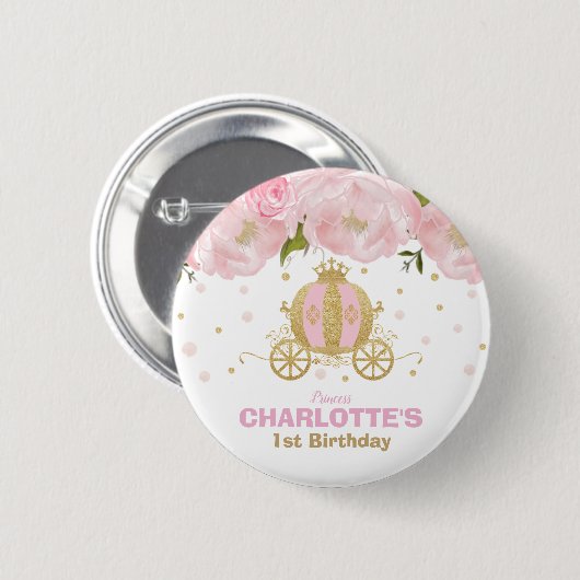 Princess 1st Birthday Party Pink Gold Carriage Ronde Button 5,7 Cm (Voorkant /achterkant)