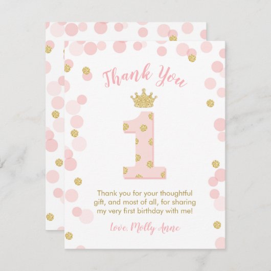Princess 1st verjaardag roze Gold - Hartelijk dank Kaart (Voorkant / Achterkant)