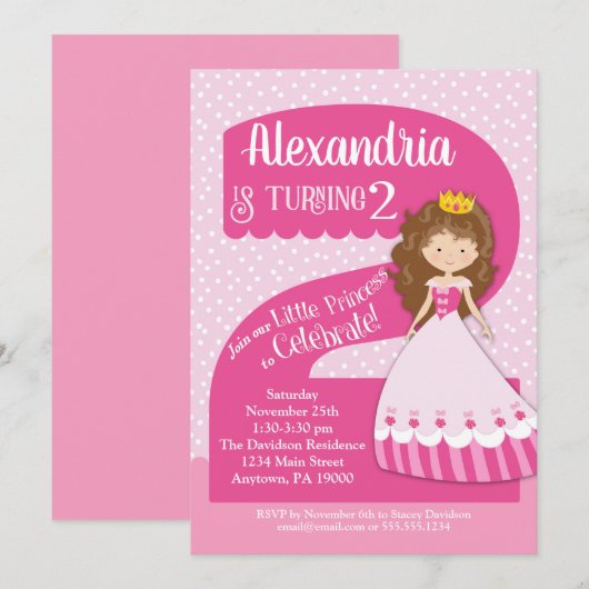 Princess 2e verjaardag Uitnodiging Brunette Girl (Voorkant / Achterkant)