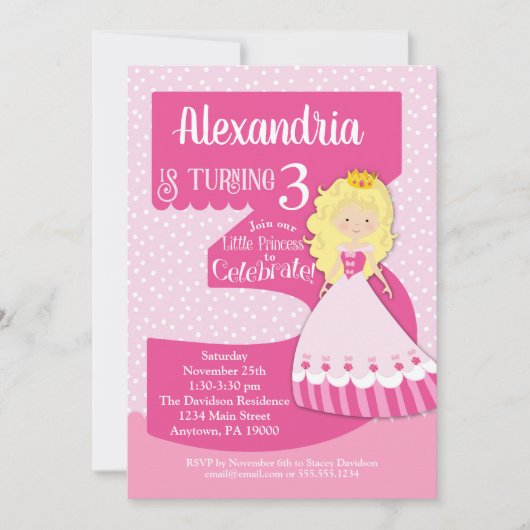 Princess 3rd Birthday Invitation Blonde Girl Kaart (Voorkant)