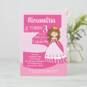 Princess 3rd Birthday Invitation Brunette Girl Kaart (Staand voorkant)