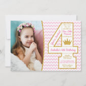 Princess 4th Birthday Invitation | Roze en goud Kaart (Voorkant)