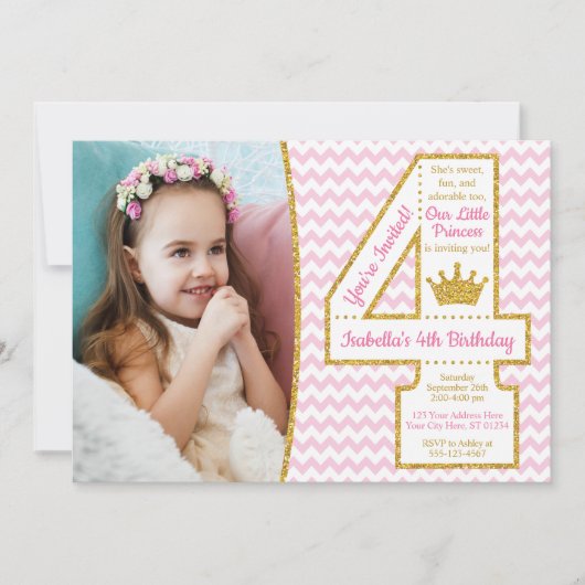 Princess 4th Birthday Invitation | Roze en goud Kaart (Voorkant)