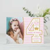 Princess 4th Birthday Invitation | Roze en goud Kaart (Staand voorkant)