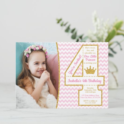Princess 4th Birthday Invitation | Roze en goud Kaart (Staand voorkant)