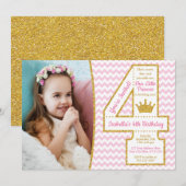 Princess 4th Birthday Invitation | Roze en goud Kaart (Voorkant / Achterkant)