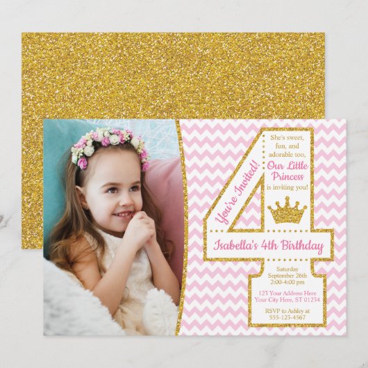 Princess 4th Birthday Invitation | Roze en goud Kaart (Voorkant / Achterkant)
