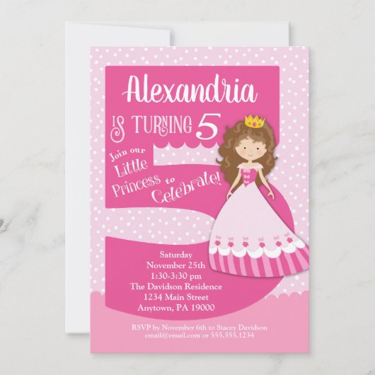 Princess 5th Birthday Invitation Brunette Girl Kaart (Voorkant)