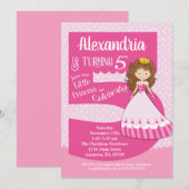 Princess 5th Birthday Invitation Brunette Girl Kaart (Voorkant / Achterkant)