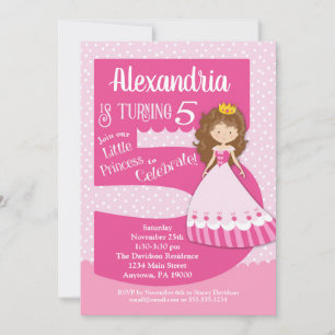 Princess 5th Birthday Invitation Brunette Girl Kaart