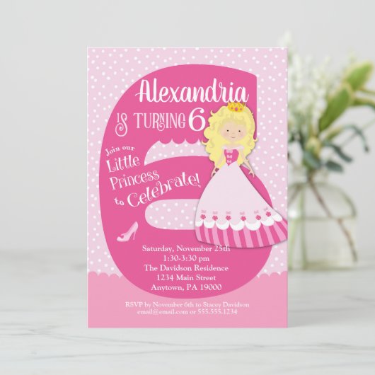 Princess 6th Birthday Invitation Blonde Girl Kaart (Staand voorkant)