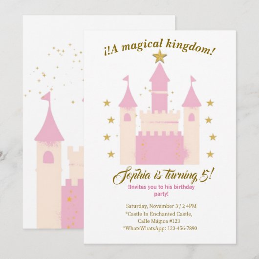 Princess and Castle Birthday Invitation | "Childre Kaart (Voorkant / Achterkant)