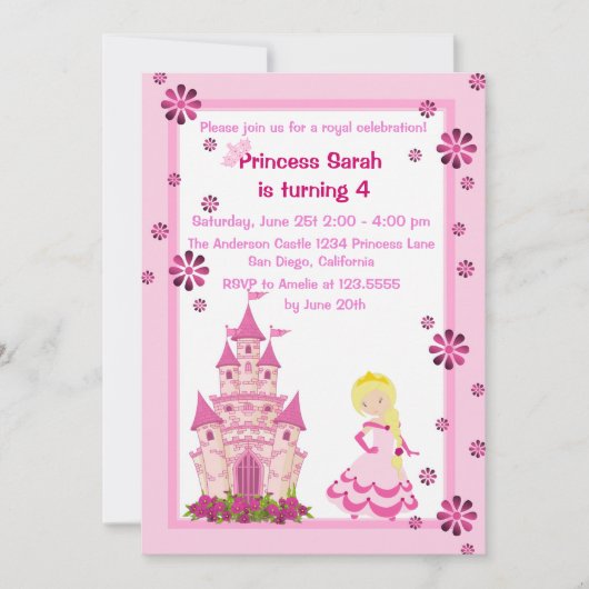 Princess and Castle Birthday Party Invitation Kaart (Voorkant)
