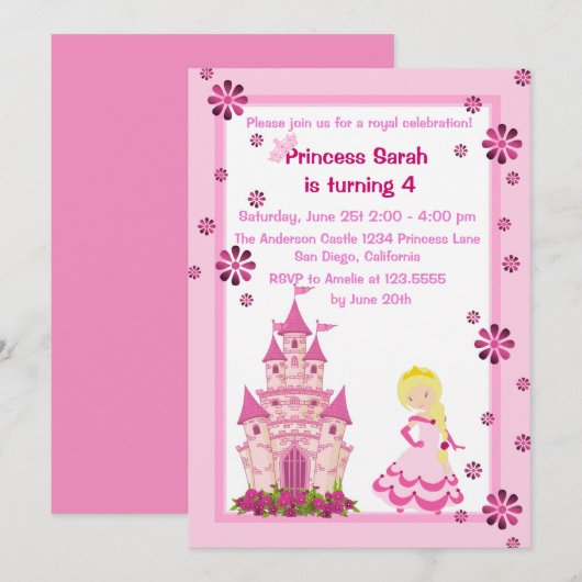 Princess and Castle Birthday Party Invitation Kaart (Voorkant / Achterkant)
