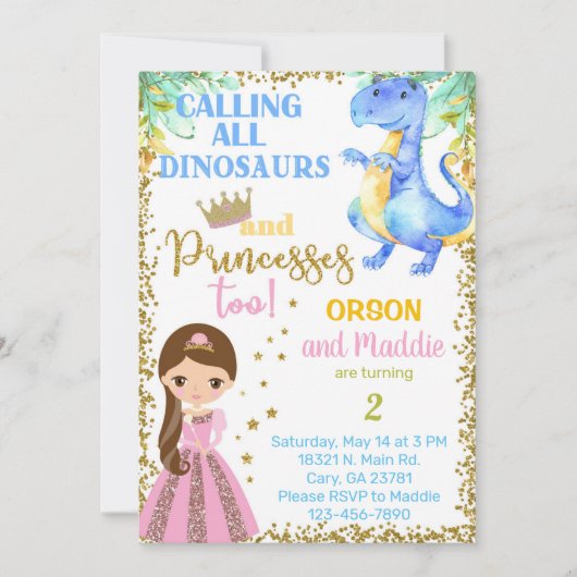 Princess and dinosaur siblings verjaardaguitnodigi kaart (Voorkant)