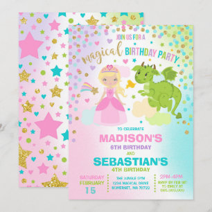Princess and Dragon Birthday Invitation Siblings Kaart